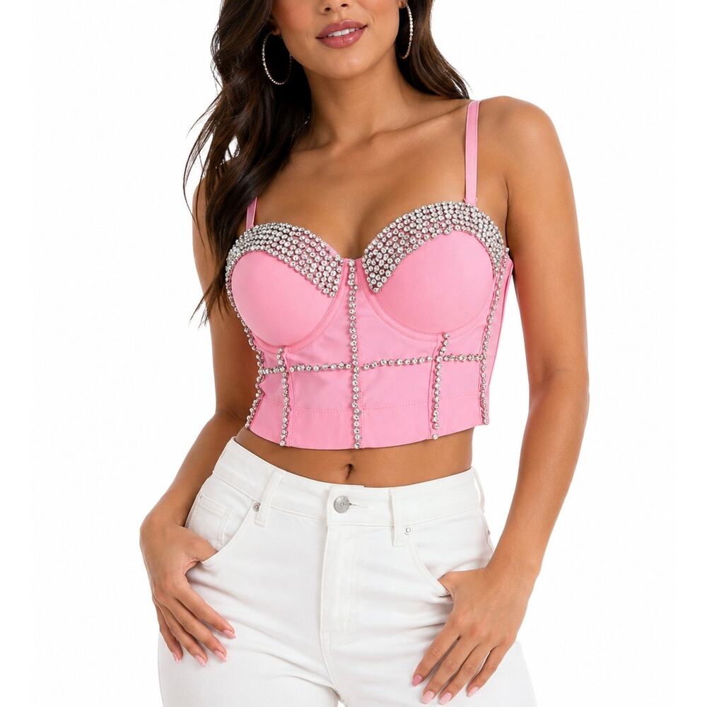 NWT Molly’s World Boutique Pink Rhinestone Corset Crop Top Bustier 34B XS